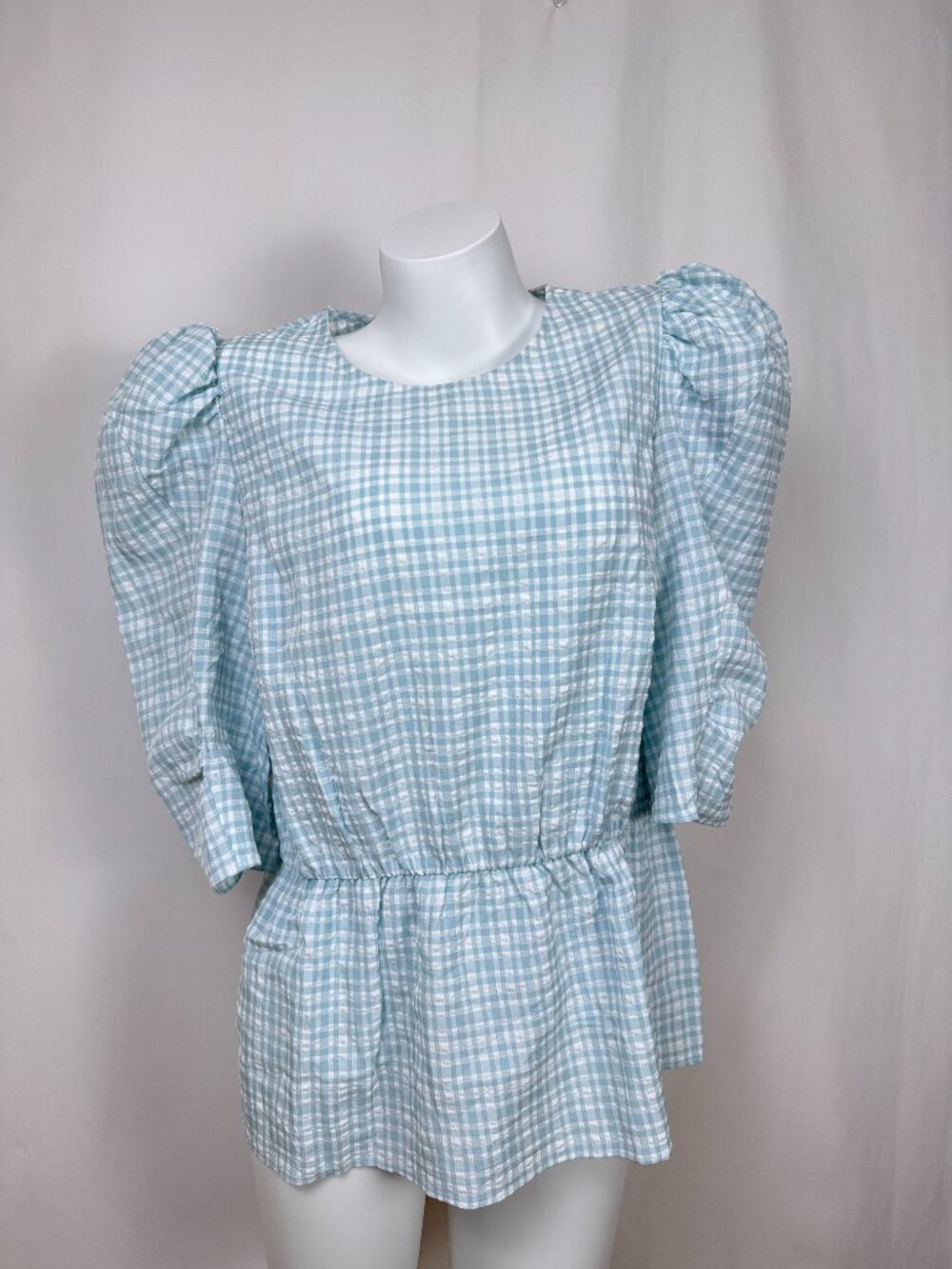 Reitmans Womens Large L Mint Green Gingham Peplum Blouse Puff Sleeve Checked Top